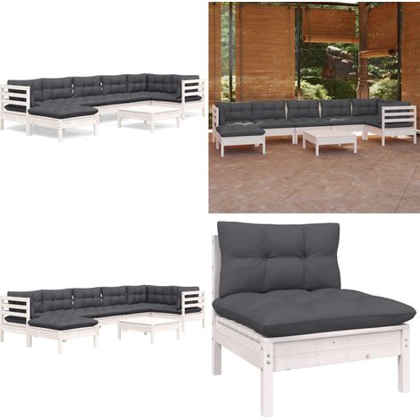 8-tlg. Garten-Lounge-Set mit Kissen Weiß Kiefer Massivholz - Garten Lounge Set - Kiefernholzmöbel - Outdoor Möbel - Gartengeräte - Terrasse - Home & Living (1/5)