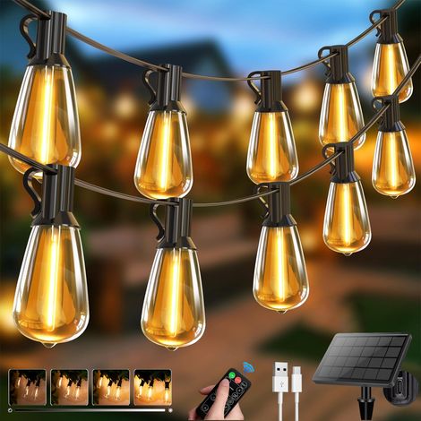 Catena di luci solari da esterno da 10 m, Luce da giardino ricaricabile tramite USB con telecomando e 15+1 lampadine LED ST38, IP44 (set da 2) (1/5)