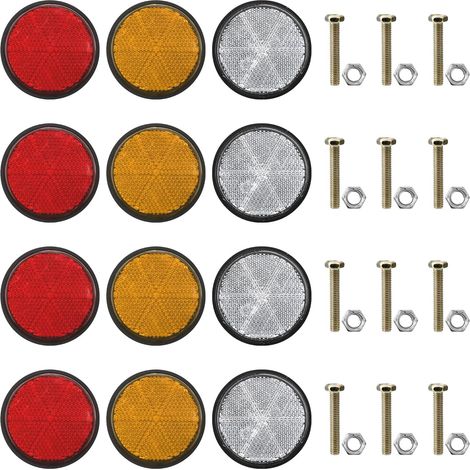 12 catadioptres Ronds Diamètre 60 mm en 3 Couleurs Catadioptre Rond à Visse avec vis M5 et écrous pour remorque Camion Caravane Rouge 4 Jaune 4 Blanche (1/5)
