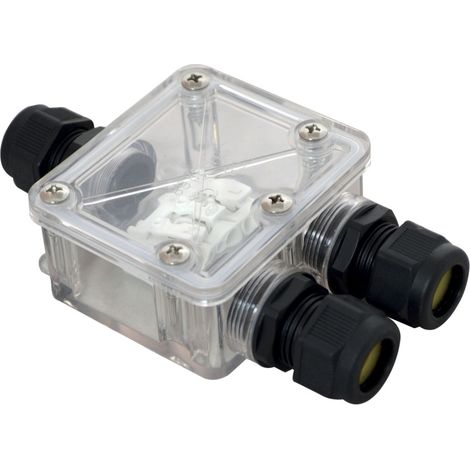 Tibelec – Boîte de dérivation transparente IP68 – 3 sorties pour câbles 0.75 à 1.5 mm² – 450V, 16A – Pour installations extérieures (1/4)