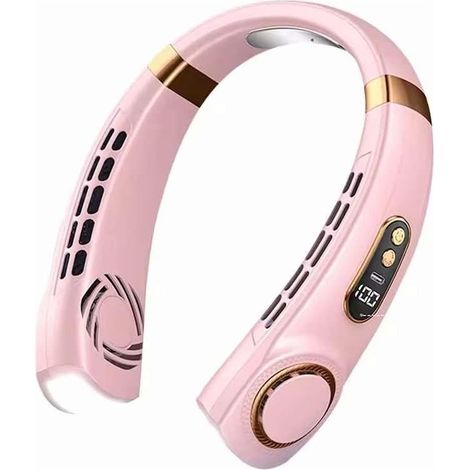 Ventilateur de Cou Rechargeable – 5 Vitesses ，Lumière 7 Couleurs – Appareil Mains Libres Voyage ，Bureau –Rose (1/4)