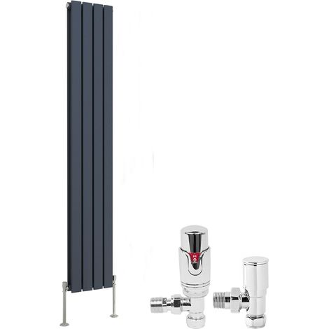 Anthracite Designer Flat Panel Radiator + Thermostatic TRV Radiator Valves Chrome Angled Vertical 1600x272mm Double (1/3)