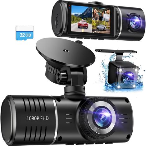 Caméra embarquée avant et arrière, 1080p, 3 canaux (avant, arrière et intérieur), carte mémoire 32 Go, enregistrement en boucle, vision nocturne, HDR, capteur G, surveillance du stationnement 24h/24