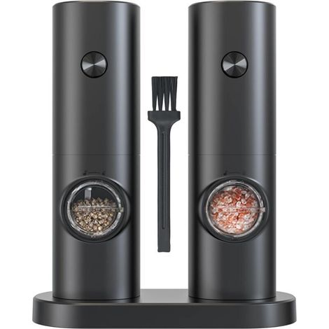 Ensemble de moulin à sel et poivre électrique Moulin à poivre avec base Petite broche Alimenté par 4 piles AAA Finesse de broyage réglable Noir (1/4)