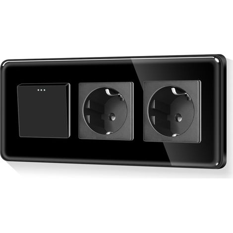 Interrupteur Schuko rond 1 voie encastré avec double prise - Cadre en verre - Prise murale avec bords incurvés - Noir - 110-250 V - 228 mm (1/5)