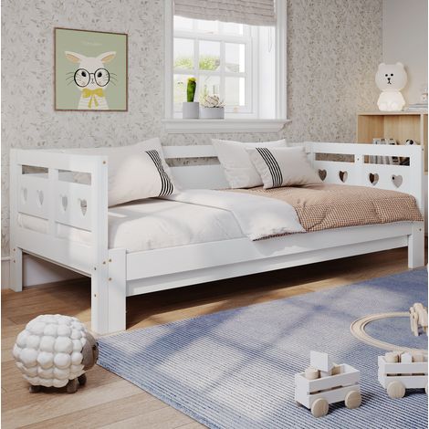 Lit de jour 90/190 cm blanc en bois avec couchage gigogne en forme de cœur (1/5)