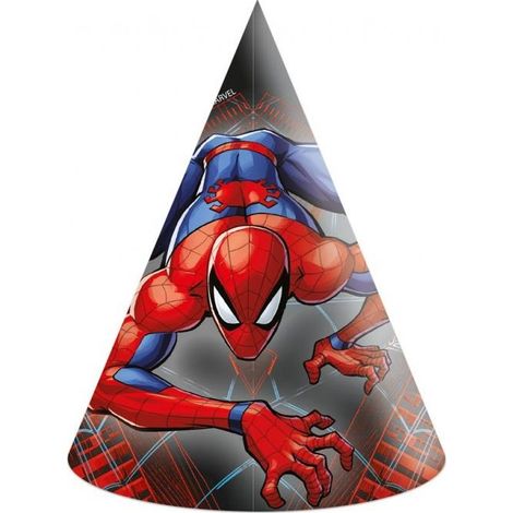 Cappellini di carta per feste di compleanno a tema Spiderman Marvel, confezione da 6 pezzi. (1/2)