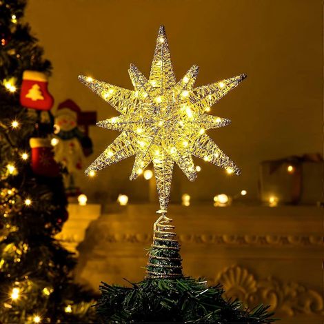 60 LED-Lichter, batteriebetriebener Metallstern als Christbaumspitze, mährischer Stern, 3D-Stern-Weihnachtsbaumschmuck mit 6-Stunden-Timer, 35 cm (1/5)
