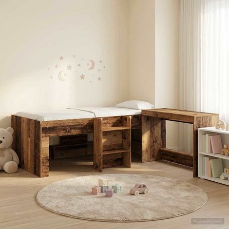 Lit mezzanine enfant avec bureau intégré en bois d’ingénierie, bois ancien - PANGIVO (1/5)