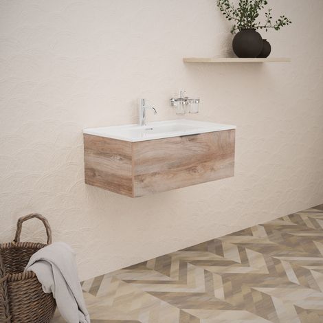 Inda - Badezimmerschrank B.80 mit glänzendem Waschbecken / Natureiche 1 Schublade - Topazio (1/5)