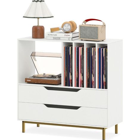Meuble tourne-disque rangement vinyle 4 compartiments et 2 tiroirs rétro cadre métal blanc pour salon chambre (1/5)