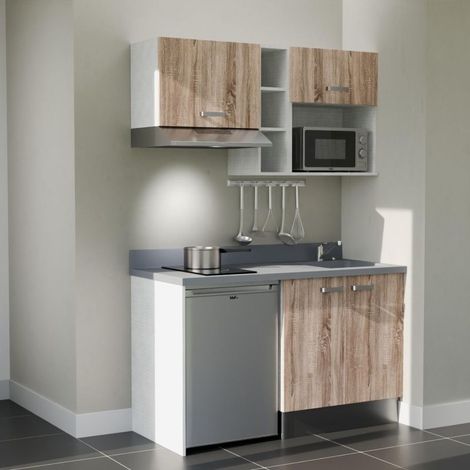 Kitchenette K13L - 140 cm - plan monobloc évier intégré Cromo- évier à droite - Façades Bois + Electroménager inclus coloris Inox (1/5)