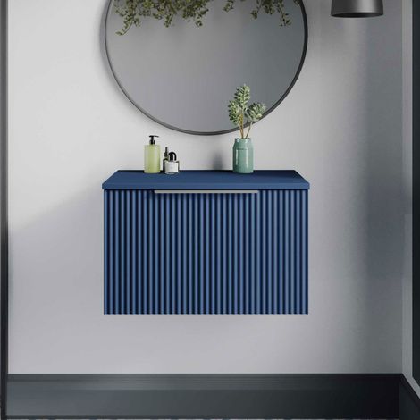 Hudson Reed Fluted Wall Hung 1-Drawer Vanity Unit with Worktop 600mm Wide - Satin Blue (1/5)