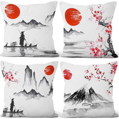 Lntyq 45x45cm Lot de 4 Japonais Housse de Coussin Rouge Soleil Noir Et Blanc Paysage Mont Fuji Lin De Coussincarré Taie d'oreiller Été Decoration Taverne Japonaise Maison Décor Canapé Tatami