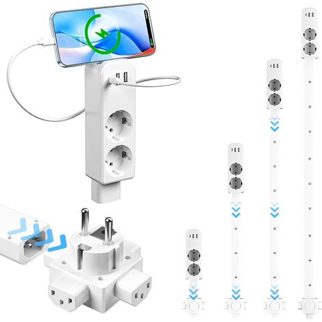 Multiprise Extensible 25–95 cm, USB-C, 2 USB-A et 2 Prises Extension 4 Directions, Idéale Derrière Canapé, Lit ou Placard, Accès Facile aux Prises Difficiles (1/5)