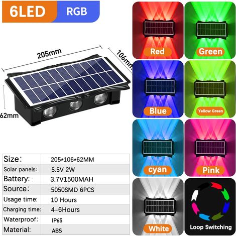 (3PCS-RGB 6 LED) Applique solaire murale extérieure à lumière chaude, étanche, éclairage ascendant et descendant, décoration pour balcon, cour, jardin et mur extérieur (1/5)