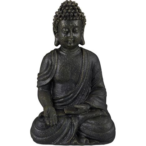 Statue de Bouddha assise, 30 cm, figurine de déco, polyrésine, résistante aux intempéries & au gel, gris foncé (1/5)