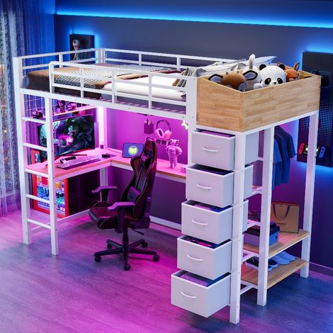 Hochbett Metall 90x200cm mit Gaming-Schreibtisch, LED-Beleuchtung, Steckdosen, USB-Anschluss, 5 Schubladen und Kleiderstange, Jugendbett Weiß (1/5)
