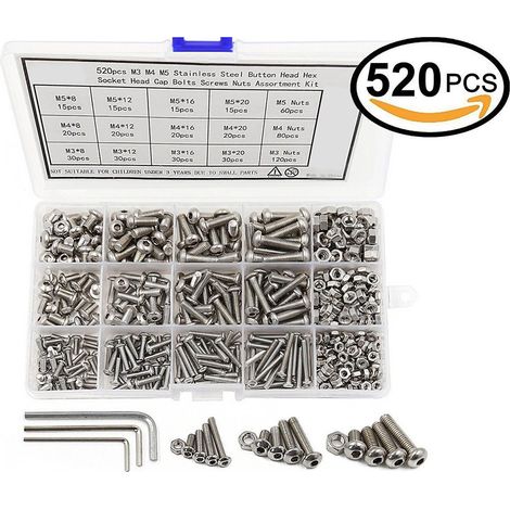 Lntyq M3/M4/M5 520-teiliges Schrauben- und Muttern-Sortiment, Innensechskantschrauben, 304 Edelstahl-Set mit Muttern, Unterlegscheiben