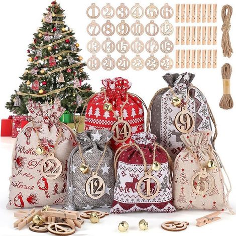 Sacs cadeaux de Noël avec cordon de serrage - 24 pièces - Motif de Noël - pour emballer des cadeaux - fruits, chocolats et chaussettes (lin - 3-9 5-5 pouces) (1/5)