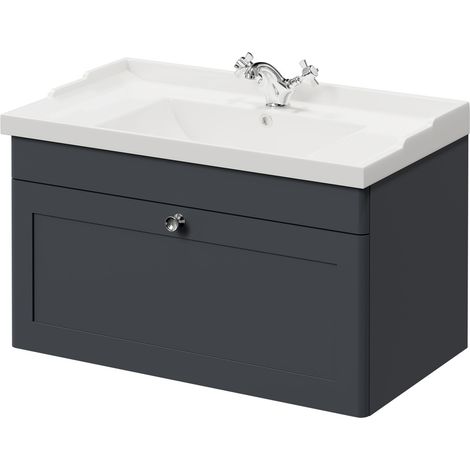 Wholesale Domestic Danbury Satin Anthracite 800mm Wall Mounted Vanity Unit with 1 Tap Hole Traditional Basin and Single Drawer with Polished Chrome Handle (1/5)