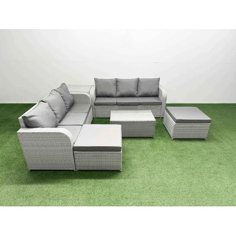 Fimous Outdoor Garden Furniture Sets 8 Seater Wicker Rattan Furniture Sofa Sets with Rectangular Coffee Table high Back Lounge Sofa 2 Big Footstool Side Table Light Grey (1/5)