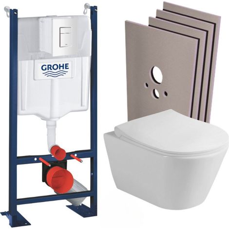 Grohe Pack WC Bâti-support autoportant + WC sans bride Lucco + Abattant softclose + Plaque Blanche + Set habillage (1/5)