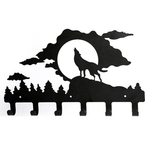 Déco Murale Patère Portemanteau Porte Manteau Murale Noir Crochet Déco Murale Métal Accroche Clef Porte Acier Organisateur Hanger Keys (A Wolf) (1/4)