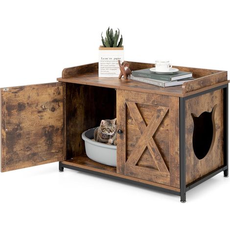 COSTWAY Katzenschrank Katzentoilette, Katzenhaus mit 2 Türen & Eingang, Katzenhöhle Katzenklo Schrank, für Katzen Hunde Haustier, Haustierbox Haustierkiste, Beistelltisch Katzenmöbel, Vintagebraun (1/5)