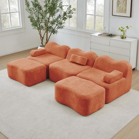 Modulares 3-Sitzer Ecksofa in U-Form mit 2 Hockern, gestelllose Wohnlandschaft im Wellen-Design, Samtbezug und hochelastische Schaumstoffpolsterung, 288 cm, Orange (1/5)