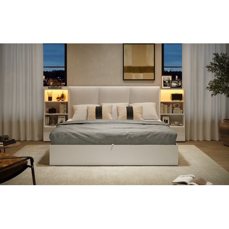 Cadre de lit plateforme 180x200 cm, tête de lit capitonnée, 6 tiroirs de rangement, coffre de lit relevable hydraulique avec éclairage LED intégré, blanc (1/5)