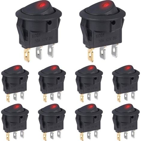 Ecleanfy - 10 pcs Interrupteur 12V 20A Voyant Lumineux LED Rouge Interrupteurs à Bascule Rond 12 Volts ON/OFF 2Positions Marche/Arret 3Broches (1/5)