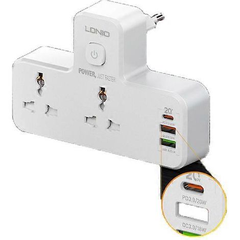 Rallonge de prise murale multifonctionnelle avec port USB Type-C, compatible avec la charge rapide PD 20 W et QC 3.0, adaptateur secteur. (1/5)