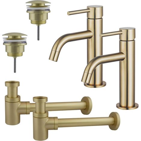 FugaFlow Eccelente Sobrado Slim Kit robinet lavabo - robinet bas - bonde clic clac - siphon design bas - Laiton brossé PVD (1/4)