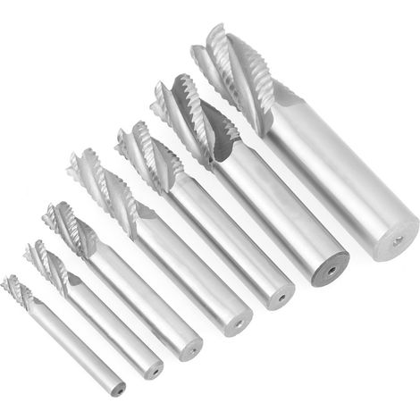 Satz von 7 vierschneidigen Fräsern aus Schnellarbeitsstahl (HSS) von 6 bis 20 mm, zum Schruppen und Spanbrechen. (1/5)