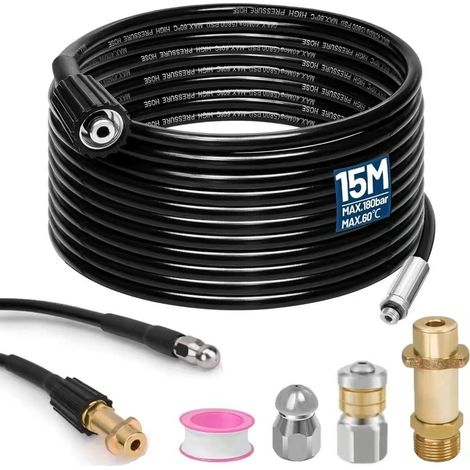 Kit de tuyau de nettoyage de canalisations 15 m, 60 °C, avec buses rigides et rotatives, 1 adaptateur compatible avec K2, K3, K4, K5, K6, K7 (1/5)