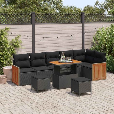 Salon de Jardin en Résine Tressée et Acier Ensemble Canapé avec Coussins Noir 9 pcs - PANGIVO (1/5)