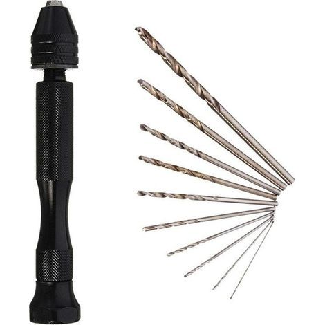 Mini mini - perceuse à main en aluminium avec mandrin sans clé + perceuse à torsion en acier allié 10x outil rotatif perceuse à bois (1 set, noir) (1/5)