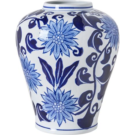 Jarrón para flores florero accesorio decorativo de porcelana blanco y azul Girona