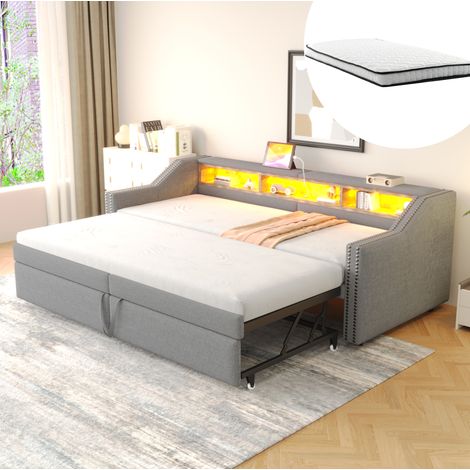 Schlafsofa 90/180x200 cm hellgrau aus Leinenstoff mit Ausziehbett, Stauraum, LED und USB-Anschluss (1/5)