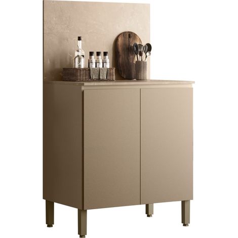 Meuble de Cuisine Bas 2 Portes 2 Niches Taupe et Crédence Marbre L 80 H 91.5 P 53.3 cm