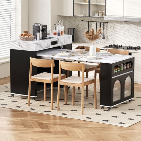 Isla de cocina con ruedas mesa de comedor extensible con regleta y cristal templado aparador con un cajón sirve como isla de cocina o aparador para cocina y comedor (Negro) (1/5)
