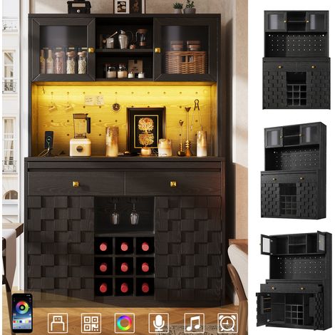 Buffet haute de cuisine 120x40x178 cm avec LED RGB, prises USB, range-bouteilles, MDF noir (1/5)