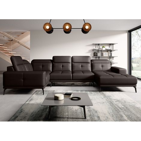 Les Tendances – Canapé d'angle 6 places en simili cuir marron – Têtières réglables – Largeur 350 cm – Confort mousse HR – Fabrication européenne (1/5)
