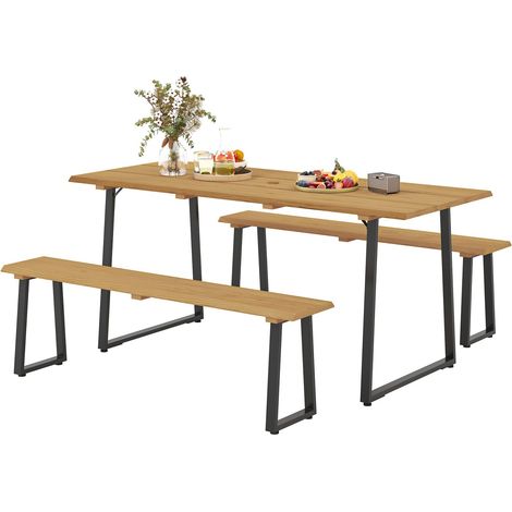 Sitzgruppe 3-teilig Holz Essgruppe für 6 Personen Esstisch mit 2 Bänke Schirmloch Esszimmergruppe mit Holztisch Küchentisch-Set Balkonmöbel Gartenmöbel für Terrasse, Balkon Naturholz