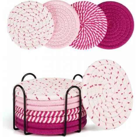 Ensemble de sous-verres ronds bohèmes en coton rose pour table à manger, coussin isolant épais, tapis rond pour thé (avec support), 8 pièces (1/5)