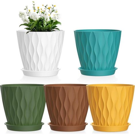 Jardinière de 15 cm, lot de 5, en plastique avec trous de drainage et plateau pour petites plantes succulentes, multicolore. (1/5)