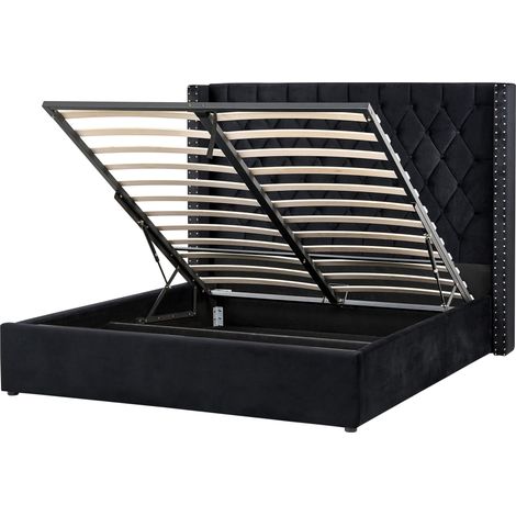 Lit avec Rangement 160 x 200 cm en Velours Noir Tête de Lit Capitonnée Glam Lubbon