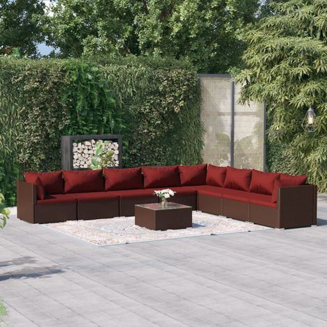 9-tlg. Garten-Lounge-Set mit Kissen Poly Rattan Braun (1/5)
