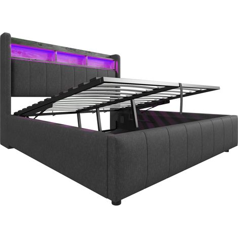 Cama tapizada con almacenaje 160 x 200 cm gris, LED, USB y elevación hidráulica (1/5)